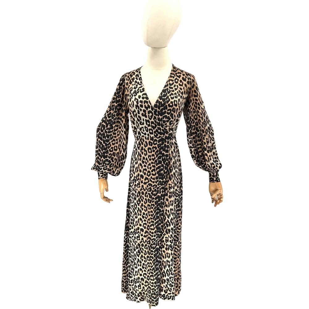 Ganni Silk Leopard Print Long Sleeve V-Neck Wrap Maxi Dress